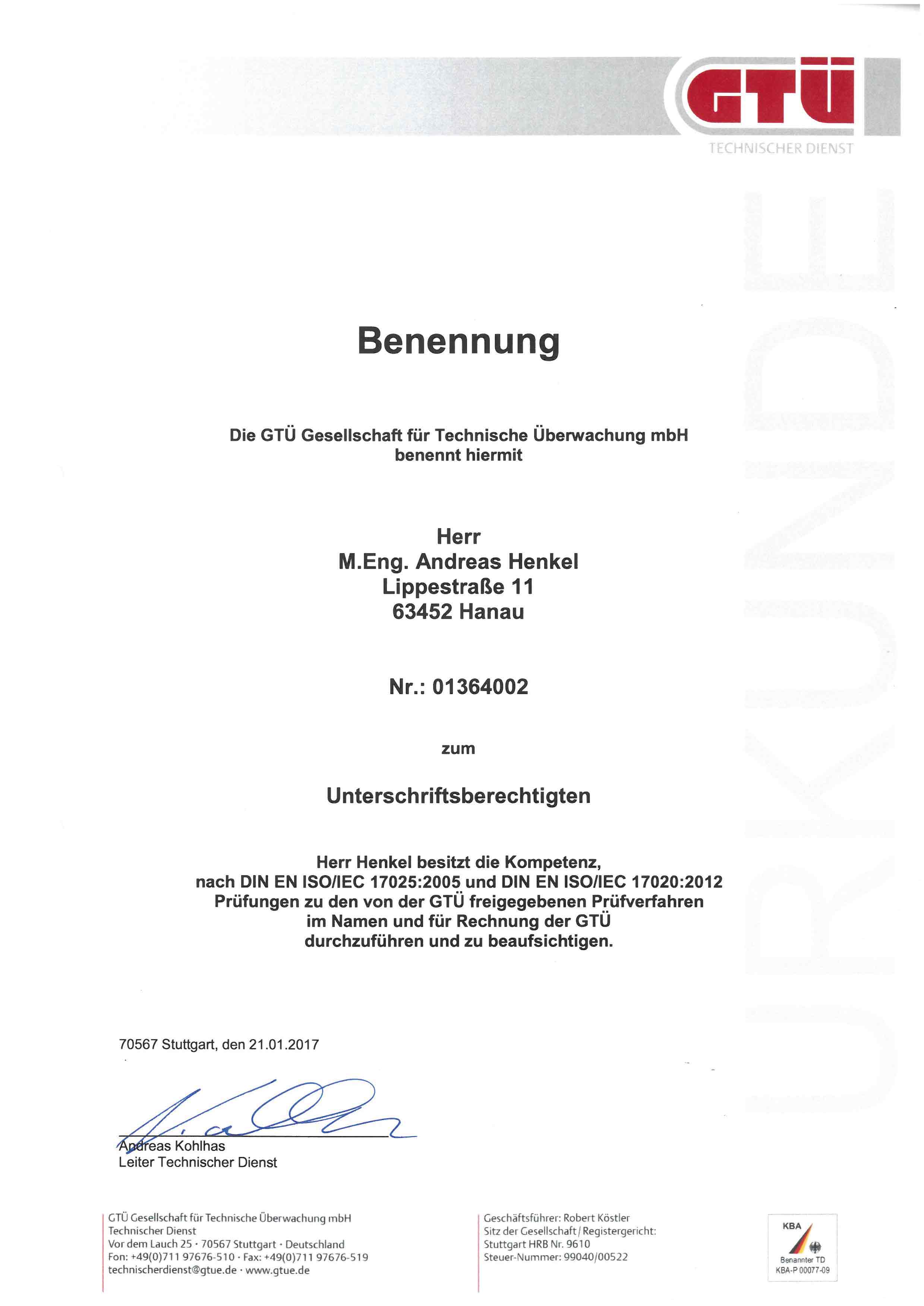 GTÜ: Unterschriftsberechtigter des Technischen Dienstes der GTÜ 